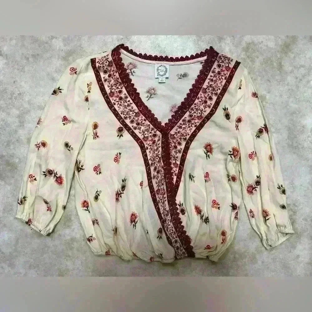 Blue Rain Peasant Boho Floral Blouse Top